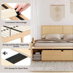 Natural Rattan Platform Bed Frame with Storage Bench and LED Lighting