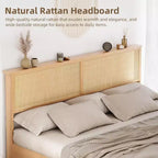 Natural Rattan Platform Bed Frame with Storage Bench and LED Lighting