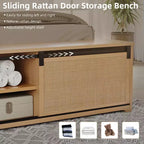 Natural Rattan Platform Bed Frame with Storage Bench and LED Lighting