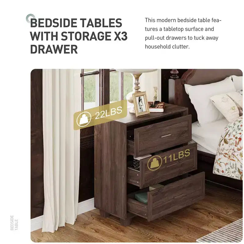 3-Drawer Nightstand with Vintage Wood Finish