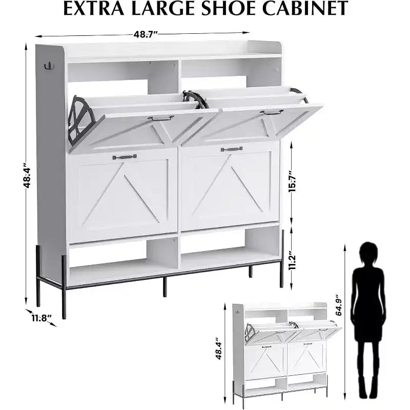 48.4" White Shoe Cabinet with 4 Flip Drawers and Metal Legs