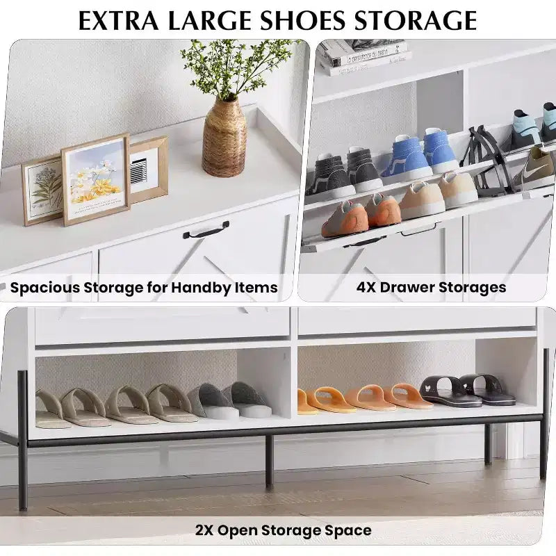 48.4" White Shoe Cabinet with 4 Flip Drawers and Metal Legs