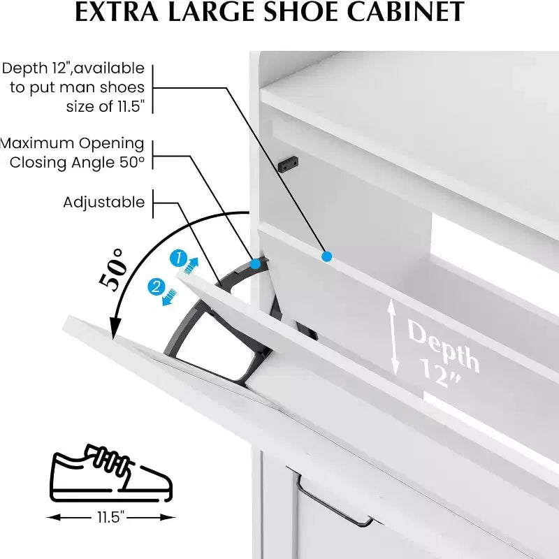 48.4" White Shoe Cabinet with 4 Flip Drawers and Metal Legs