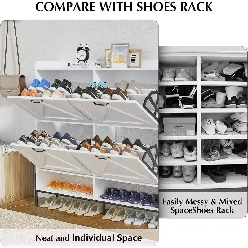48.4" White Shoe Cabinet with 4 Flip Drawers and Metal Legs