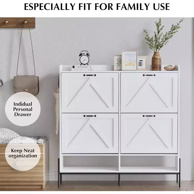 48.4" White Shoe Cabinet with 4 Flip Drawers and Metal Legs