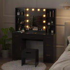 Vanity Desk with LED Mirror, 5 Drawers and 6 Open Shelves, Adjustable Lighting, Dressing Table