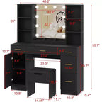 Vanity Desk with LED Mirror, 5 Drawers and 6 Open Shelves, Adjustable Lighting, Dressing Table