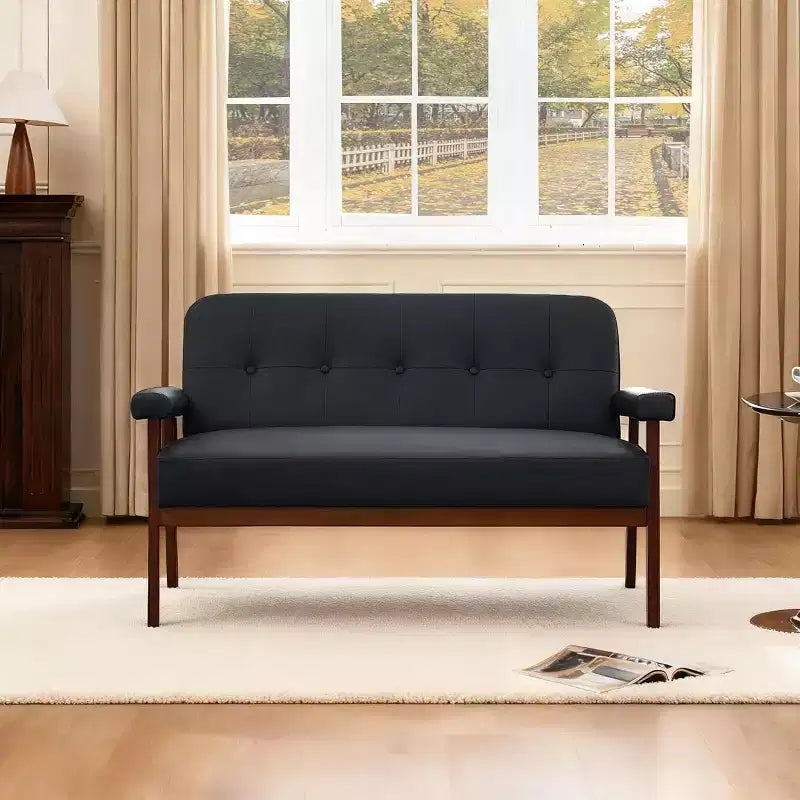 50" Faux Leather Loveseat Sofa with Wood Arms, Mid-Century Modern Style