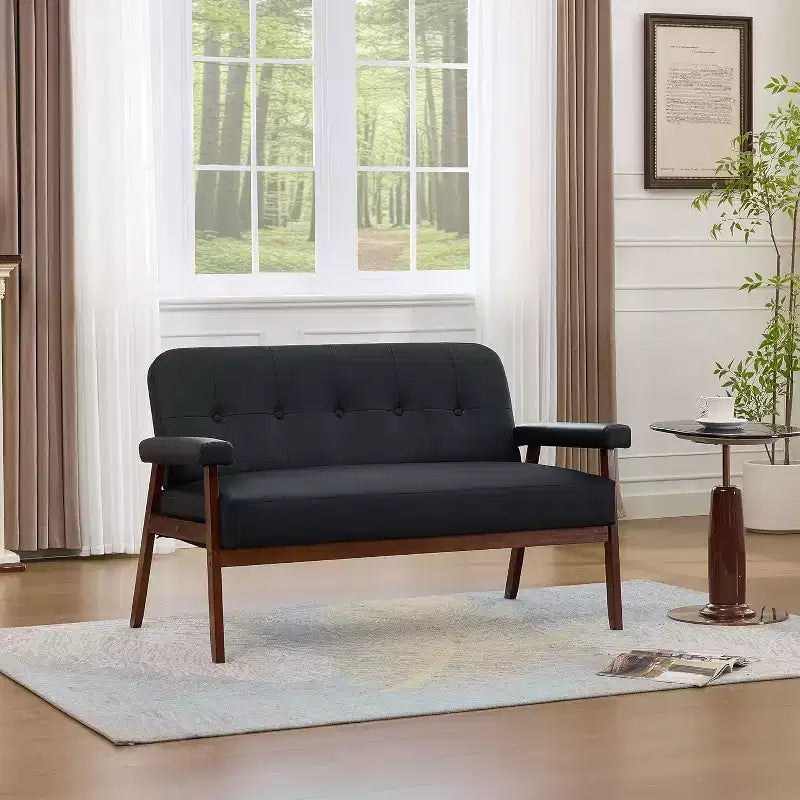 50" Faux Leather Loveseat Sofa with Wood Arms, Mid-Century Modern Style