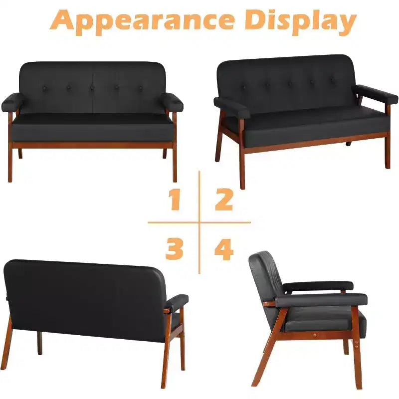 50" Faux Leather Loveseat Sofa with Wood Arms, Mid-Century Modern Style