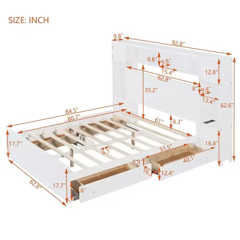Queen Size Wooden Bed with Cabinet, Shelves and Built-In Outlets