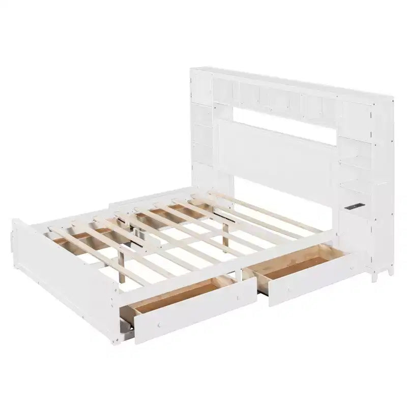 Queen Size Wooden Bed with Cabinet, Shelves and Built-In Outlets