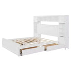 Queen Size Wooden Bed with Cabinet, Shelves and Built-In Outlets