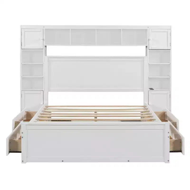 Queen Size Wooden Bed with Cabinet, Shelves and Built-In Outlets