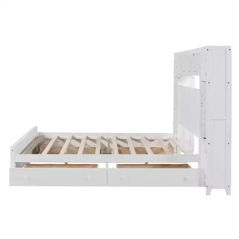 Queen Size Wooden Bed with Cabinet, Shelves and Built-In Outlets