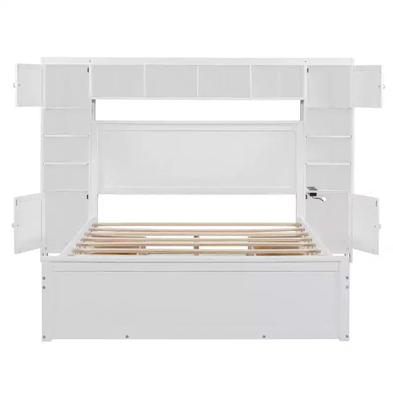 Queen Size Wooden Bed with Cabinet, Shelves and Built-In Outlets