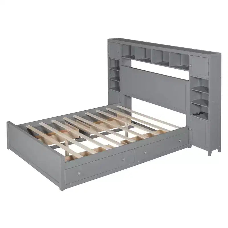 Queen Size Wooden Bed with Cabinet, Shelves and Built-In Outlets