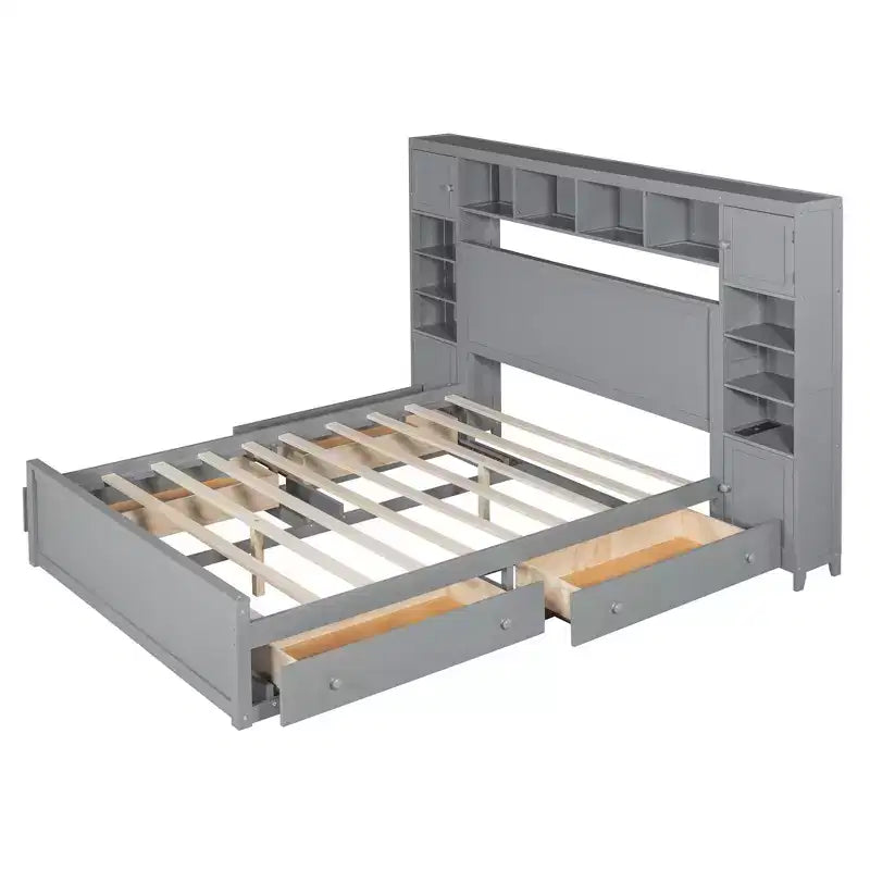 Queen Size Wooden Bed with Cabinet, Shelves and Built-In Outlets