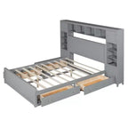 Queen Size Wooden Bed with Cabinet, Shelves and Built-In Outlets