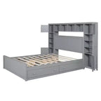 Queen Size Wooden Bed with Cabinet, Shelves and Built-In Outlets