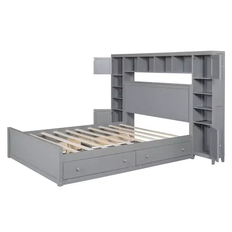 Queen Size Wooden Bed with Cabinet, Shelves and Built-In Outlets
