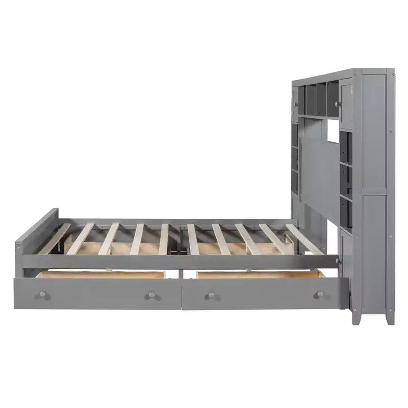 Queen Size Wooden Bed with Cabinet, Shelves and Built-In Outlets