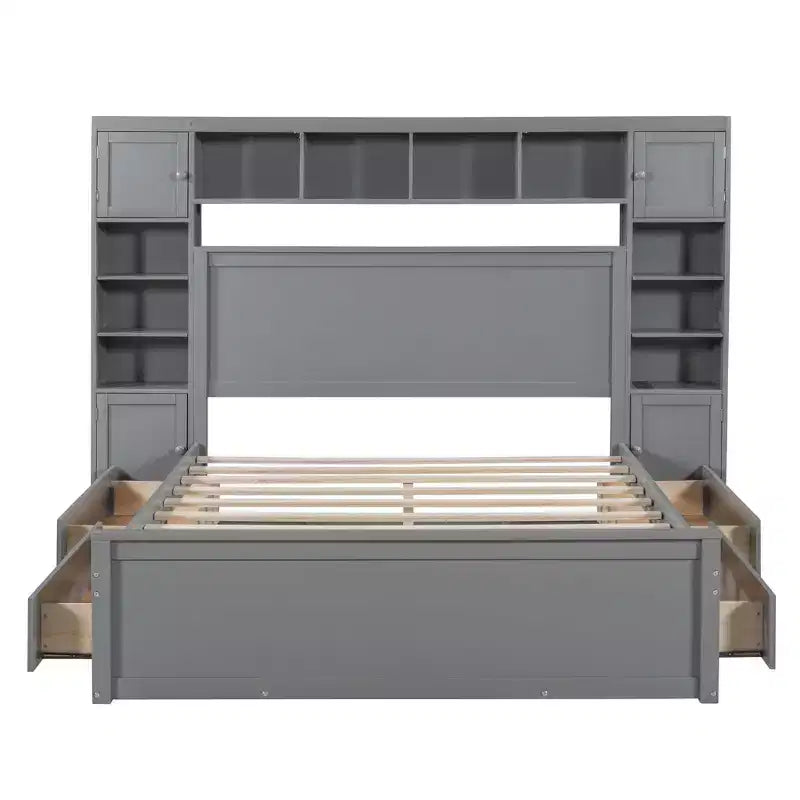 Queen Size Wooden Bed with Cabinet, Shelves and Built-In Outlets