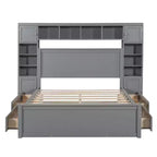 Queen Size Wooden Bed with Cabinet, Shelves and Built-In Outlets