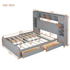 Queen Size Wooden Bed with Cabinet, Shelves and Built-In Outlets