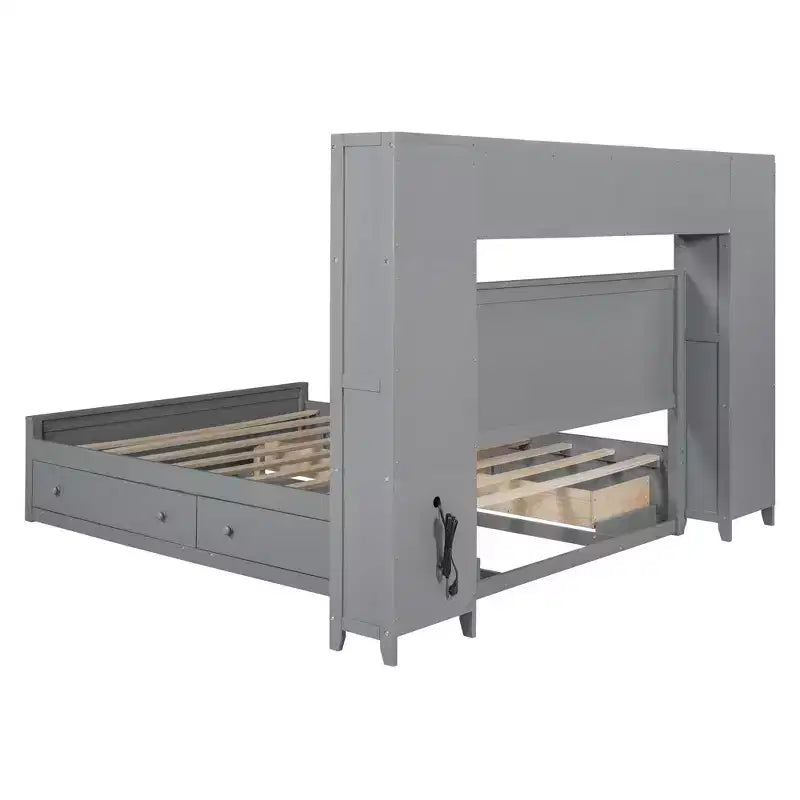 Queen Size Wooden Bed with Cabinet, Shelves and Built-In Outlets