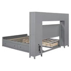 Queen Size Wooden Bed with Cabinet, Shelves and Built-In Outlets