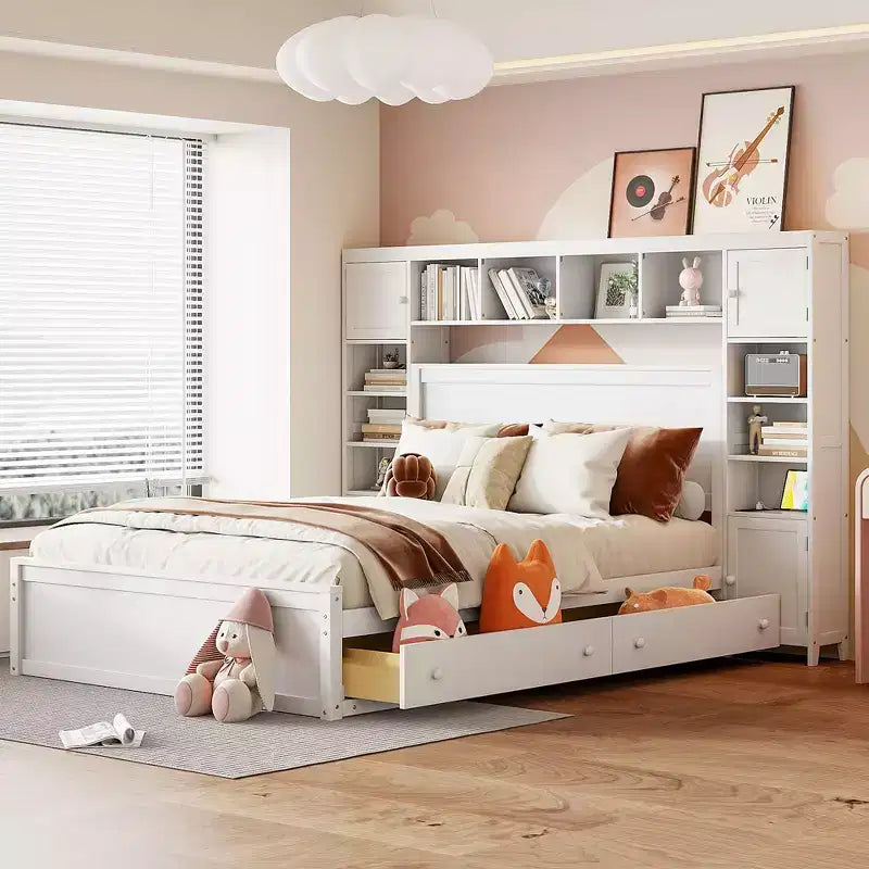 Queen Size Wooden Bed with Cabinet, Shelves and Built-In Outlets