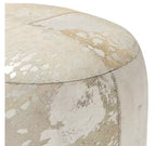 17" Round Leather Hide Pouf Ottoman, Silver and White