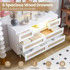 Modern Rattan Dresser with LED Lighting and Charging Station, 6-Drawer Chest