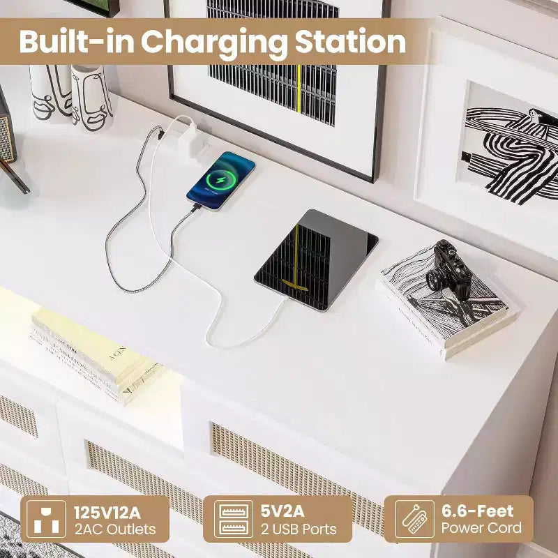 Modern Rattan Dresser with LED Lighting and Charging Station, 6-Drawer Chest