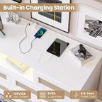 Modern Rattan Dresser with LED Lighting and Charging Station, 6-Drawer Chest