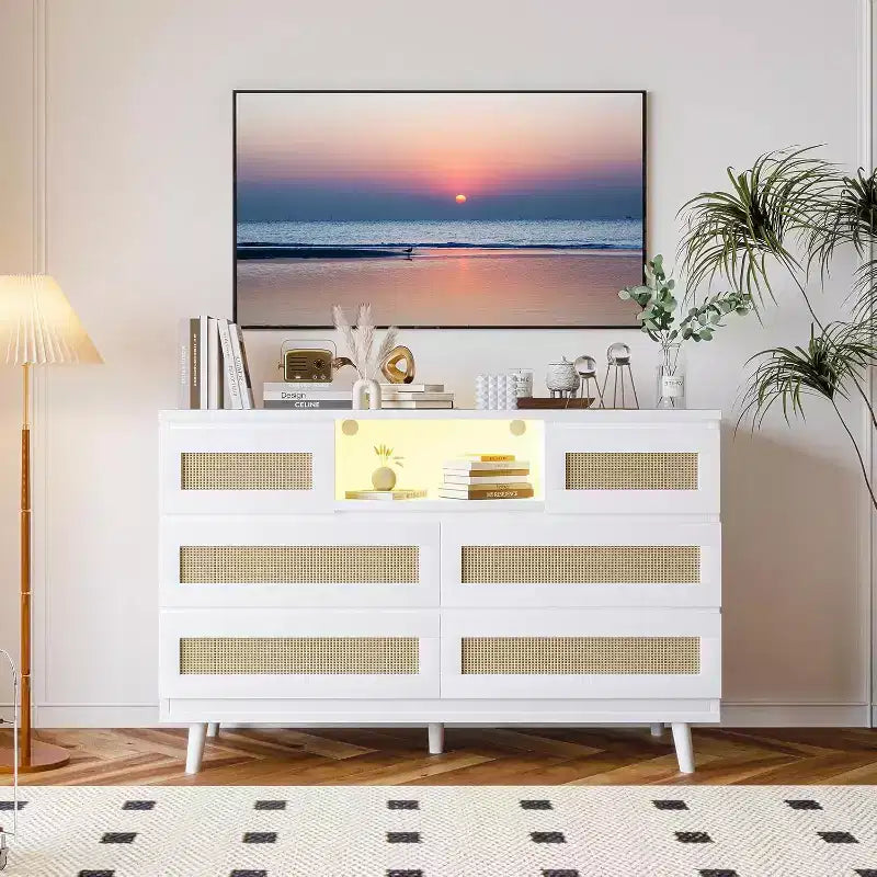 Modern Rattan Dresser with LED Lighting and Charging Station, 6-Drawer Chest