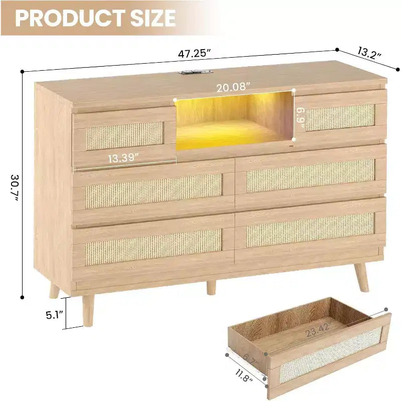Modern Rattan Dresser with LED Lighting and Charging Station, 6-Drawer Chest