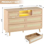 Modern Rattan Dresser with LED Lighting and Charging Station, 6-Drawer Chest