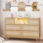 Modern Rattan Dresser with LED Lighting and Charging Station, 6-Drawer Chest