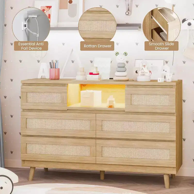 Modern Rattan Dresser with LED Lighting and Charging Station, 6-Drawer Chest