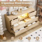 Modern Rattan Dresser with LED Lighting and Charging Station, 6-Drawer Chest