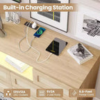 Modern Rattan Dresser with LED Lighting and Charging Station, 6-Drawer Chest