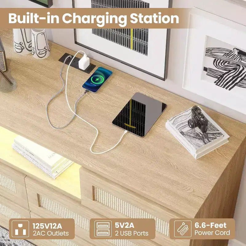 Modern Rattan Dresser with LED Lighting and Charging Station, 6-Drawer Chest