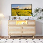 Modern Rattan Dresser with LED Lighting and Charging Station, 6-Drawer Chest