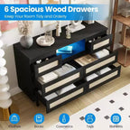 Modern Rattan Dresser with LED Lighting and Charging Station, 6-Drawer Chest