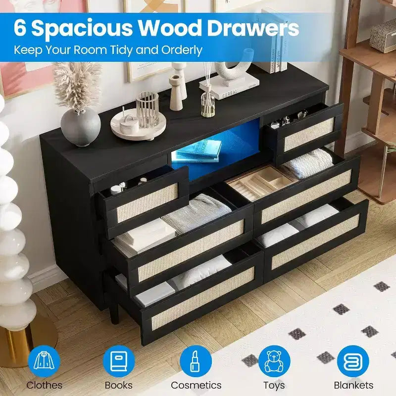 Modern Rattan Dresser with LED Lighting and Charging Station, 6-Drawer Chest