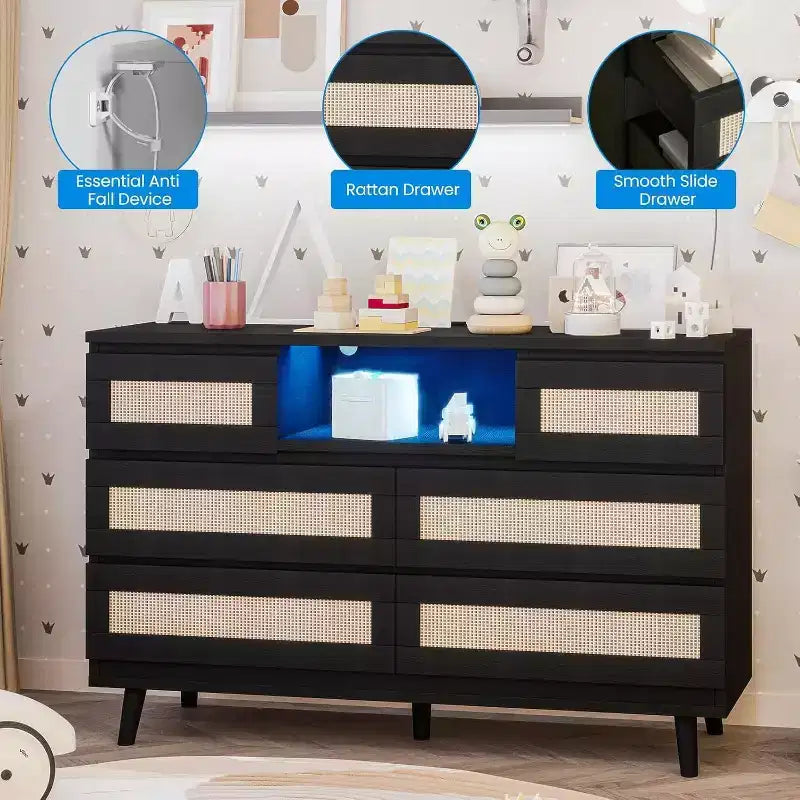 Modern Rattan Dresser with LED Lighting and Charging Station, 6-Drawer Chest