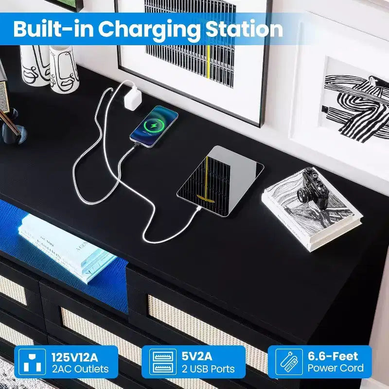 Modern Rattan Dresser with LED Lighting and Charging Station, 6-Drawer Chest