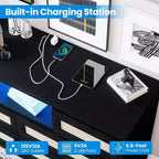 Modern Rattan Dresser with LED Lighting and Charging Station, 6-Drawer Chest